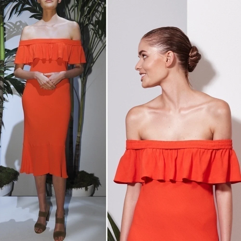 Veronica Beard Oleta Off Shoulder Ruffle Midi Dress Orange Size 0